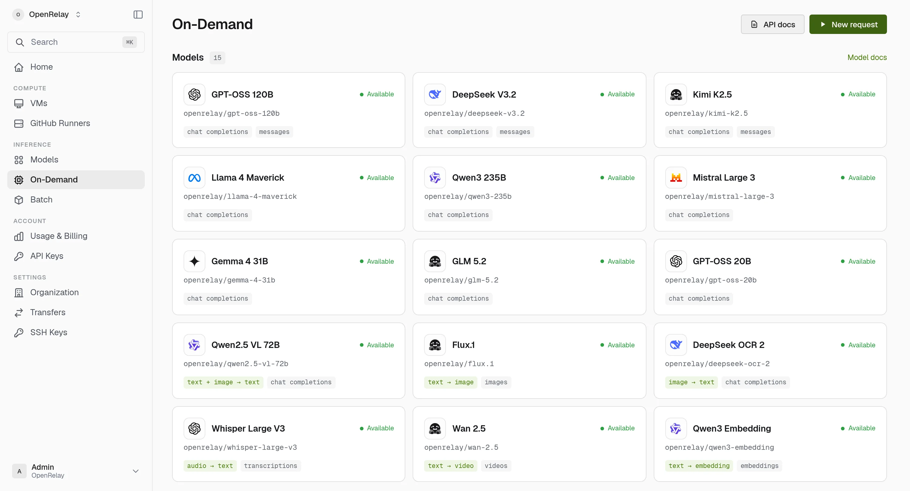 OpenRelay On-Demand inference: the hosted model catalog with GPT-OSS, DeepSeek, Llama, Qwen, Mistral, Gemma, and more